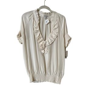 NWT JOIE Neiman Marcus 100% Silk Ruffled Ruched Short Sleeved Cream Blouse